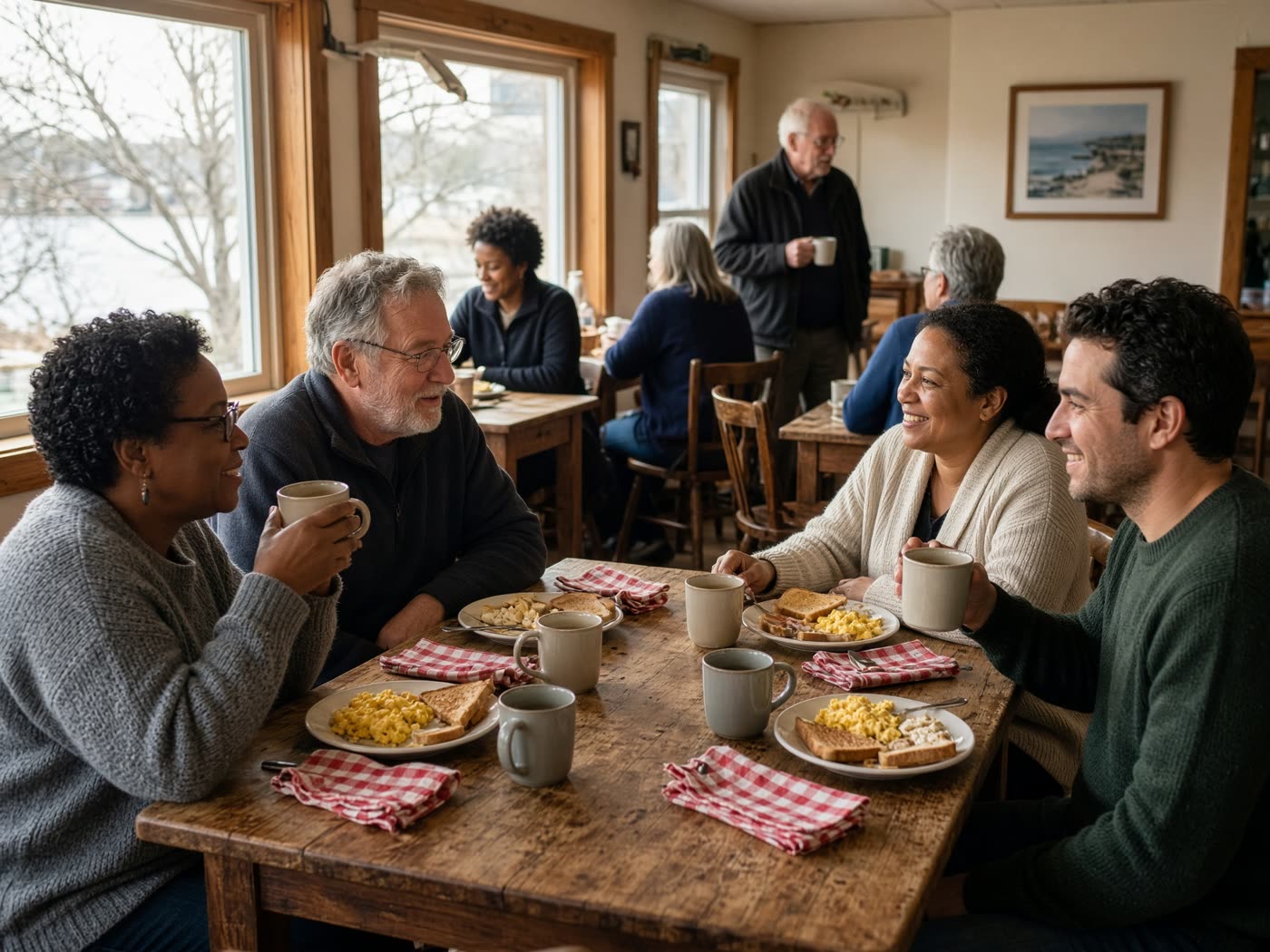 Neighbors sharing breakfast at a Falmouth cafe