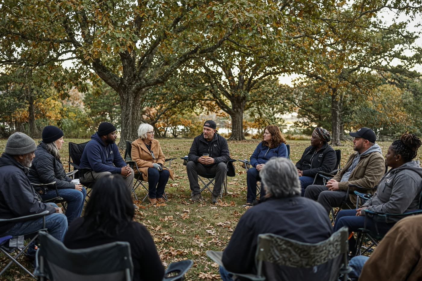 Community circle gathered under oak trees