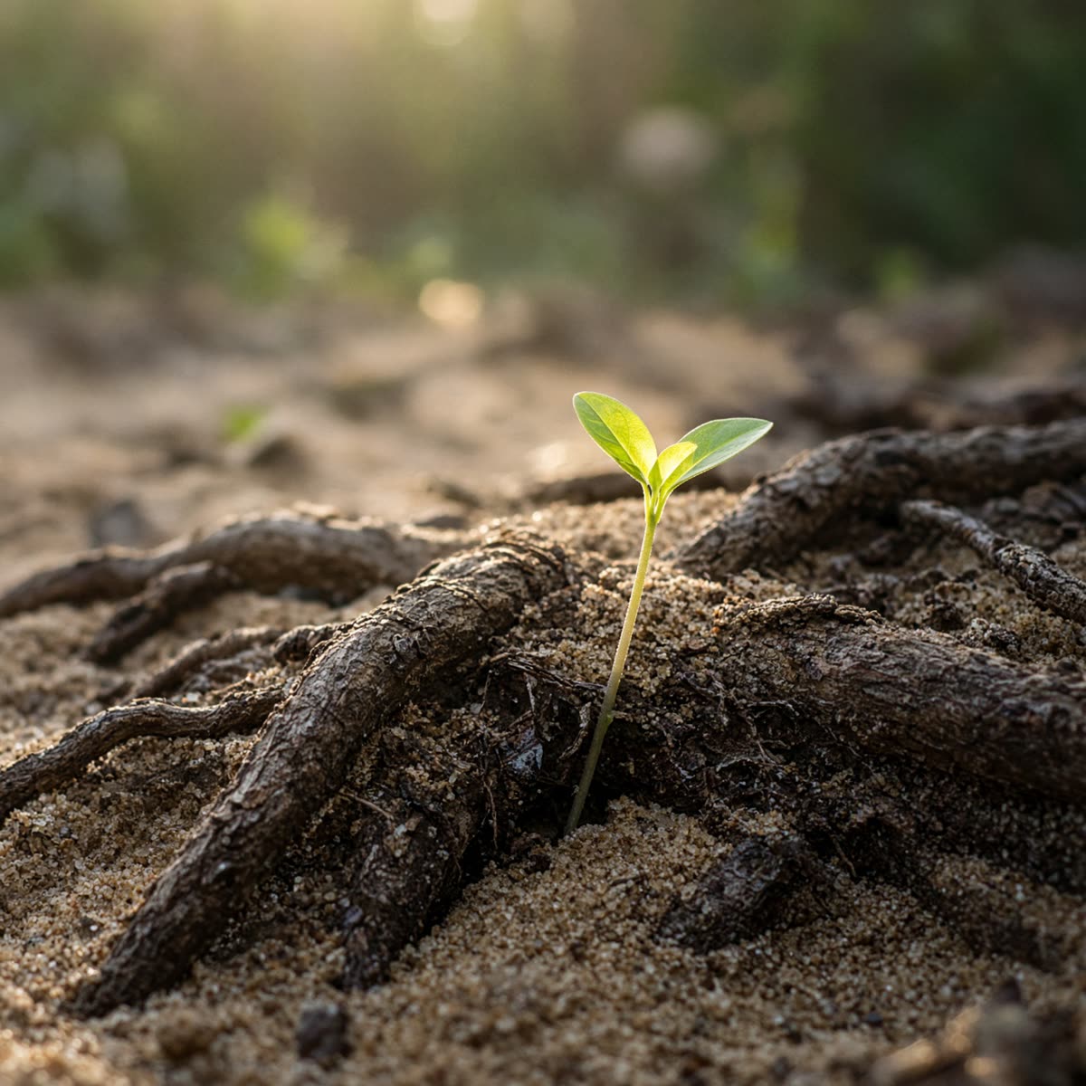 Tree roots in Cape Cod sand with a green sprout rising